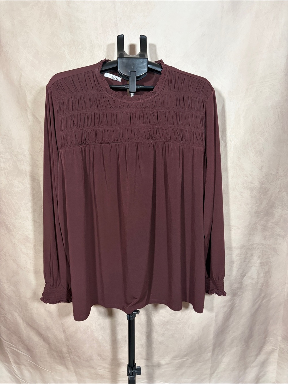 Maurice’s Long Sleeve Blouse in Deep Wine with Ruffle details Size 3X